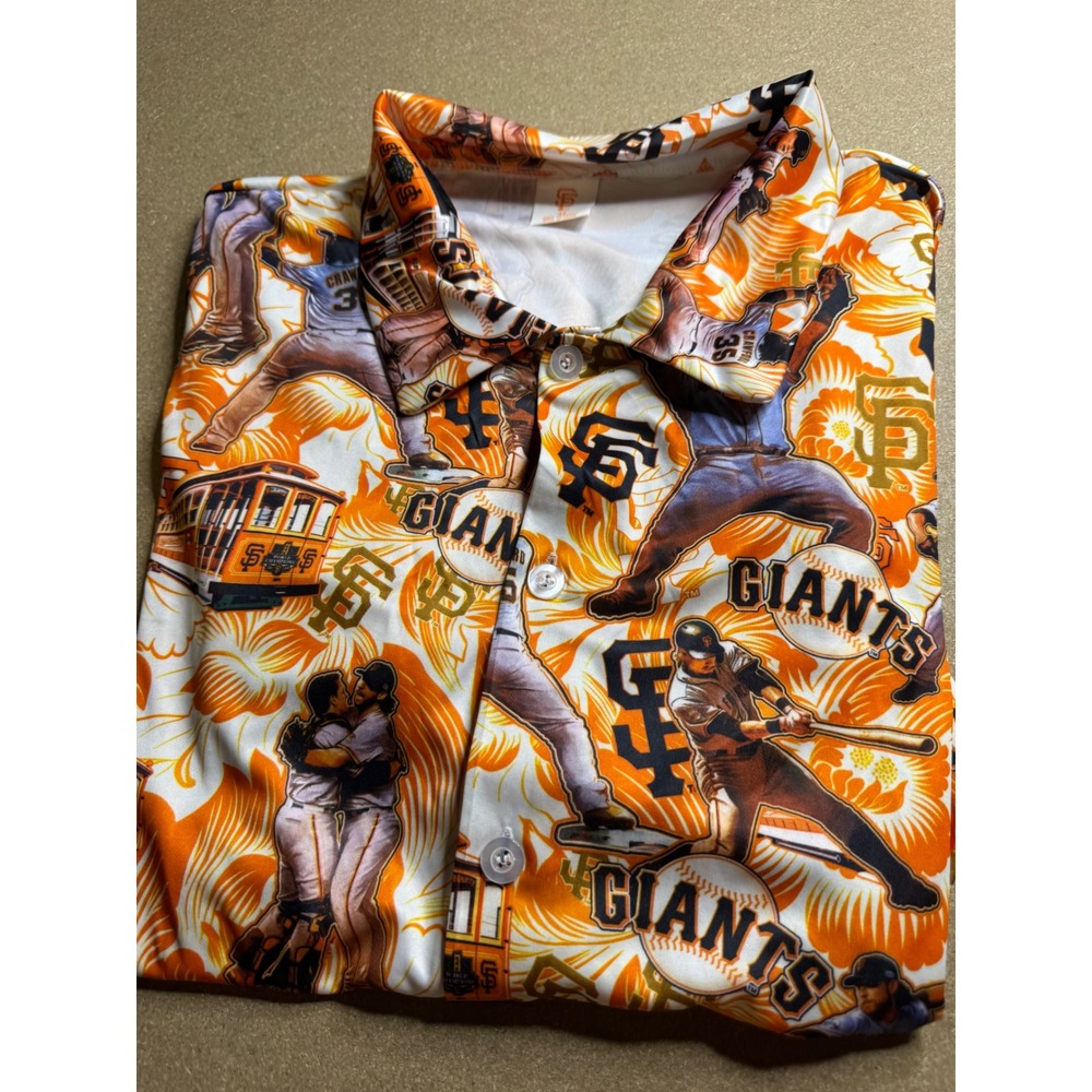San Francisco Giants MLB Button Up Shirt Mens Medium Orange All Over Print SF
